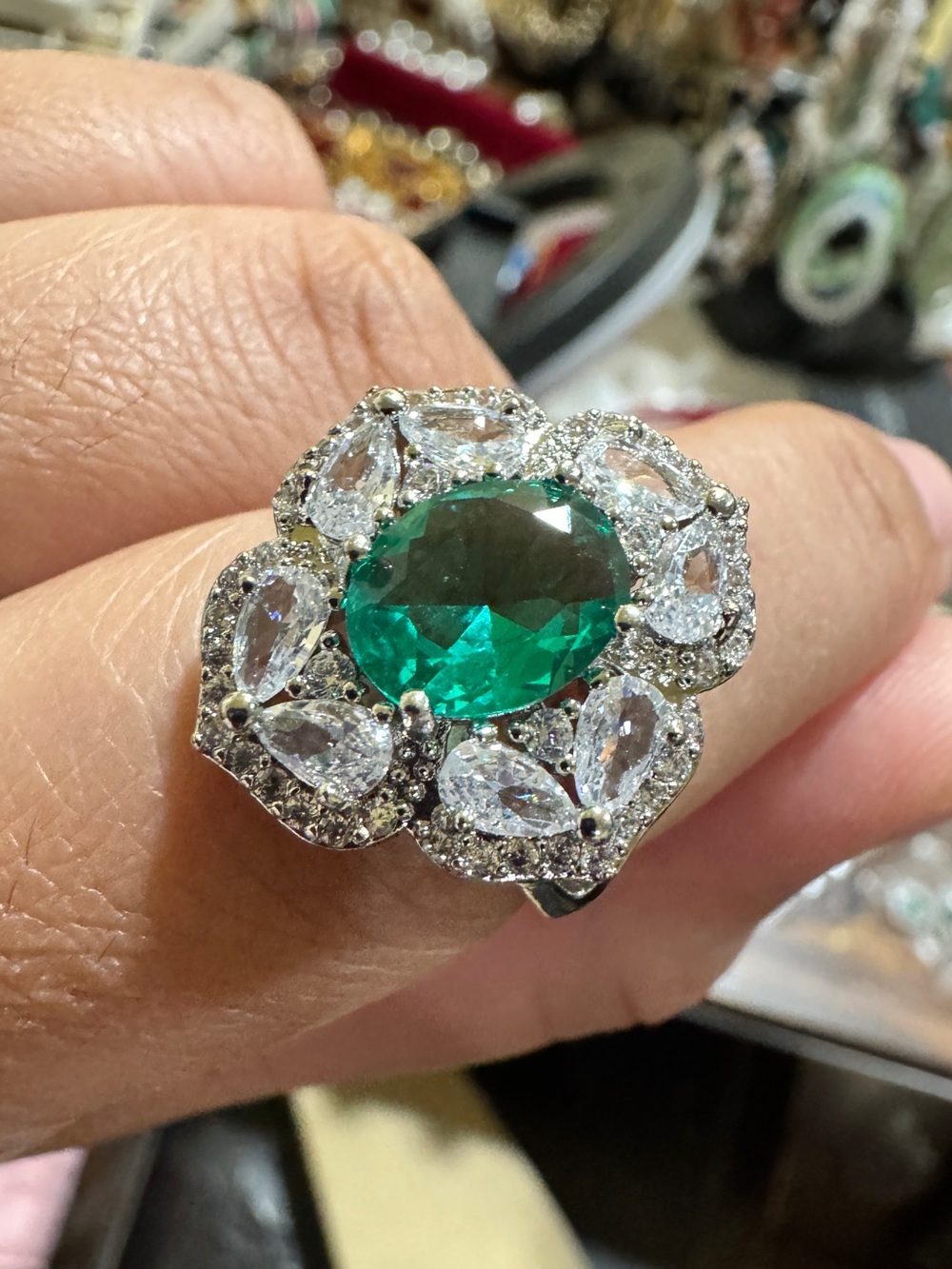 Emerald-Center Silver Cocktail Ring - Green Crystal Floral Design Adjustable
